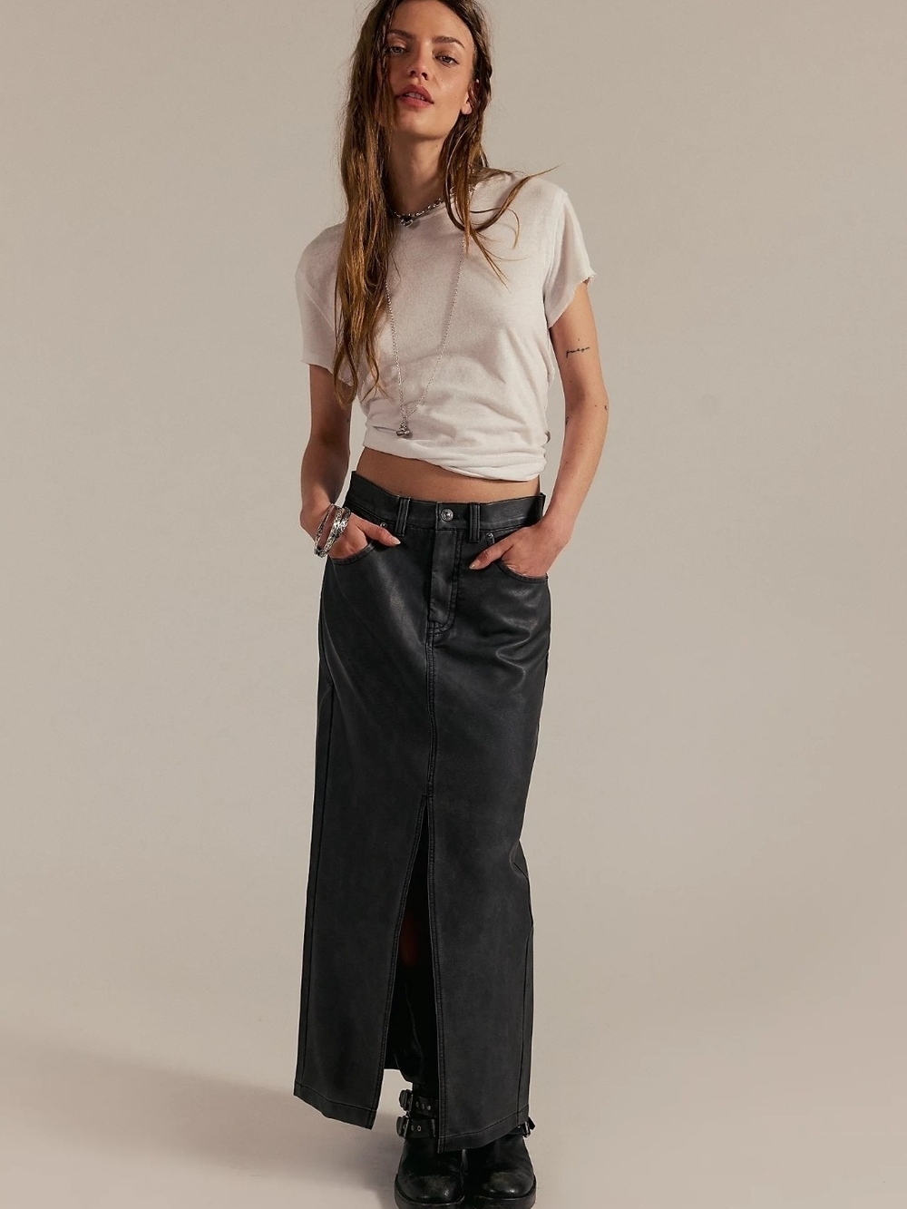 NWT We The Free Madison Coated Denim Front Slit Midi Skirt Charcoal Size 2